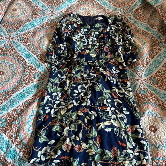 Loft midi front tie dress- blue with gingko leaves, new but without tags - Picture 2 of 4